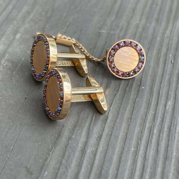 Vintage Gold Tone Cufflinks and Tie Tack Set with Iridescent Rhinestone Accents - Picture 6 of 6